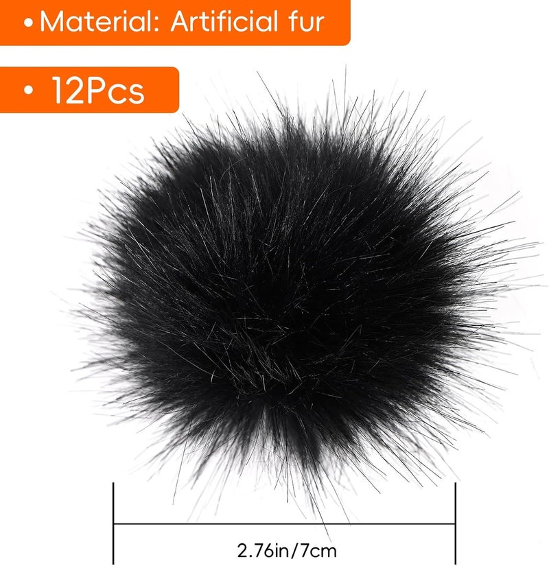 Daieeparty Daieparty 12Pcs Black Faux Fur Pom Pom Balls,Fluffy Pompom Balls with Elastic Loop Ball Detachable Knitting Accessories for Knitting Hats Beanies Shoes,Scarves,Glove - Image 2